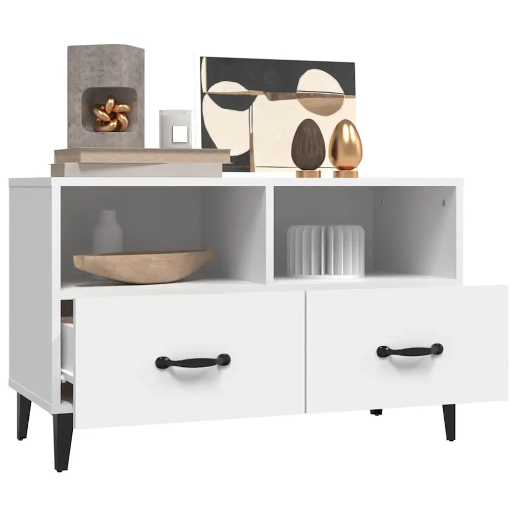 White Engineered Wood TV Cabinet with Storage Drawers and Compartments 80x36x50cm
