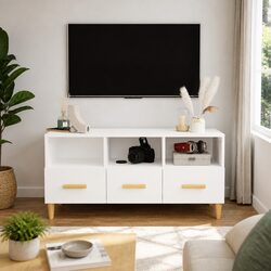 Engineered Wood High Gloss White TV Cabinet with Storage