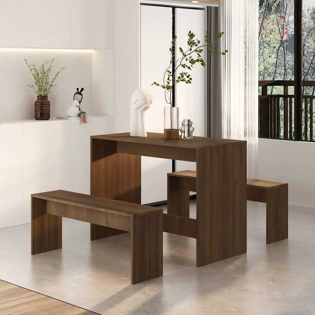 3 Piece Dining Set Engineered Wood Brown Oak Modern Table Bench