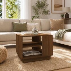 Brown Oak Coffee Table with Storage and Sturdy Top