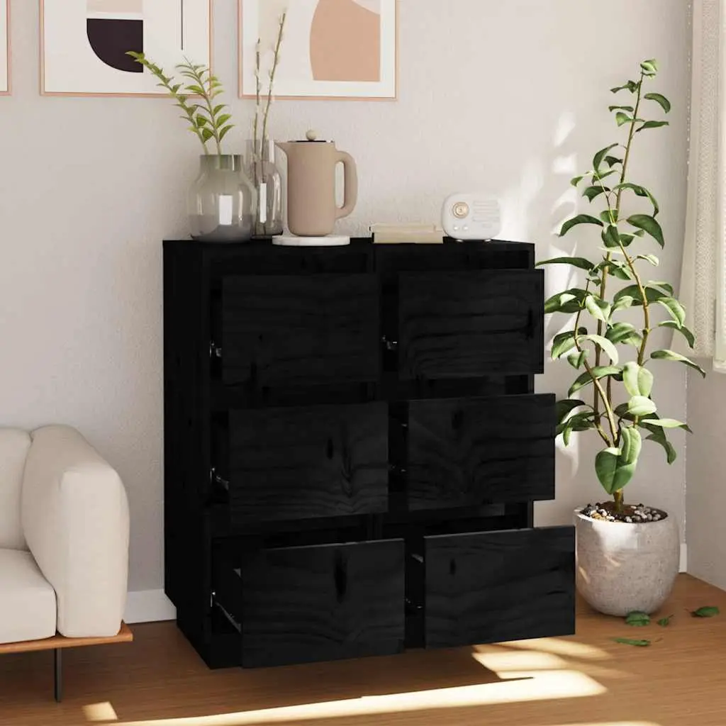 Solid Wood Sideboards Storage Cabinet 2 Piece Black Pinewood Living Room Furniture