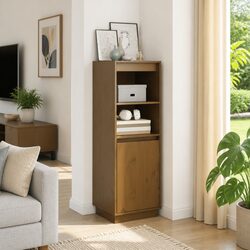 Solid Pine Highboard Storage Cabinet with Brown Finish