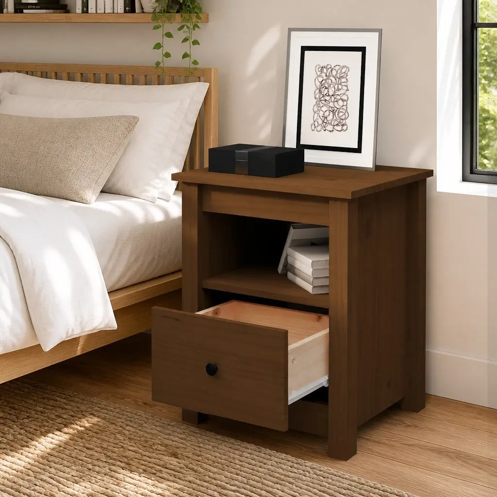 Bedside Cabinet Solid Wood Pine Brown Nightstand Storage Drawer Furniture