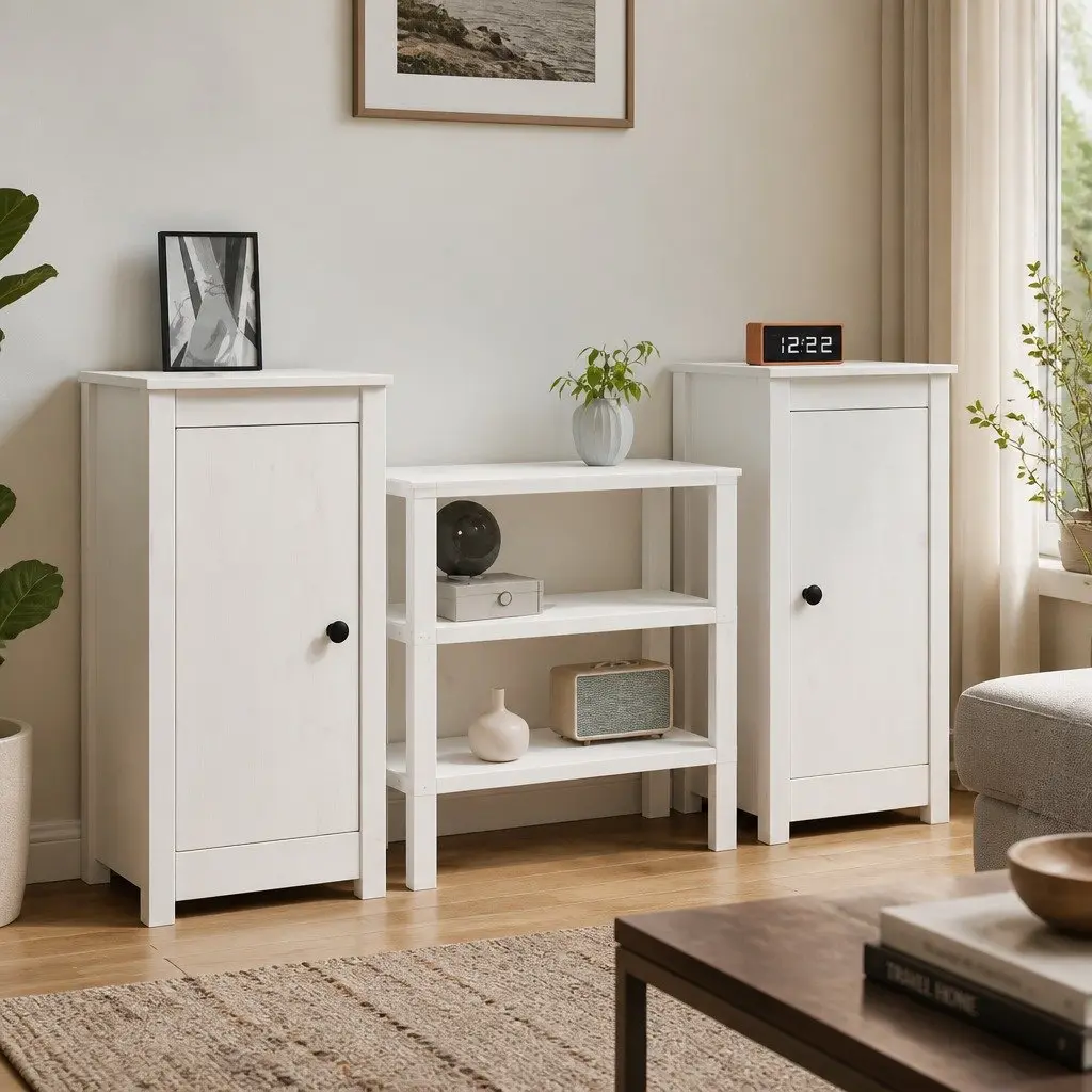 Sideboards 2 Piece White Solid Wood Pine Storage Cabinet Living Room