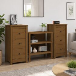Set of 2 Brown Solid Pine Wood Sideboard Cabinets