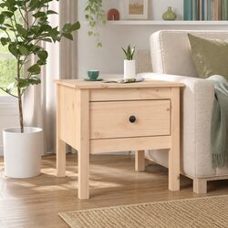 Solid Pine Wood Side Table with Drawer Storage, Brown