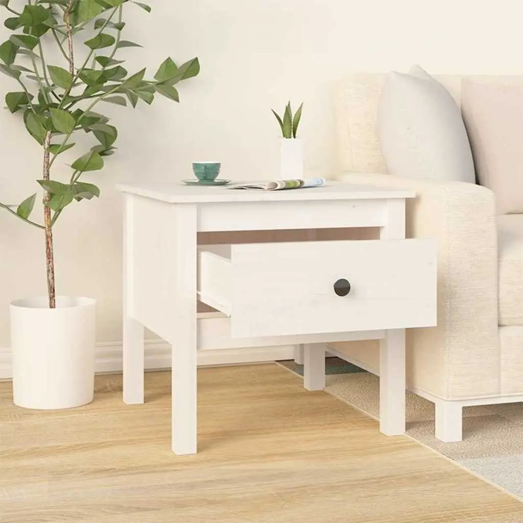 Side Table Drawer Storage Compact 50x50x49 cm White Solid Pine Wood
