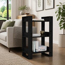 Room Divider Book Cabinet in Black Solid Pine 60x35x91 cm