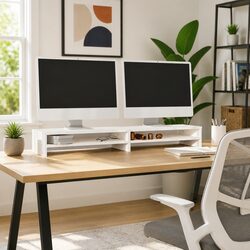 Monitor Stand in White Solid Pine with Storage Shelves
