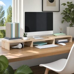 Monitor Stand in Solid Pine Wood with Adjustable Side Shelves