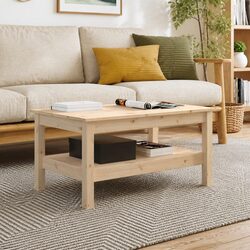 Solid Pine Wood Coffee Table with Shelf in Brown