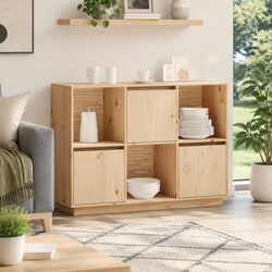 110.5x35x80cm Sideboard in Solid Pine Wood with 3 Doors