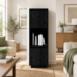 Black Solid Pine Wood Highboard Cabinet with Storage