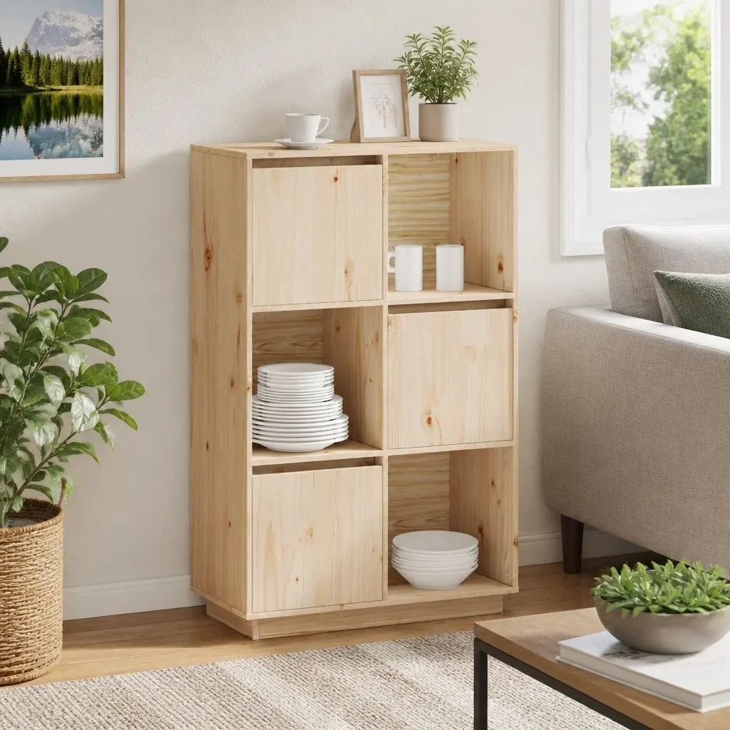 Wooden Sideboard Storage Cabinet Rustic Solid Pine Brown 74x35x117cm Furniture
