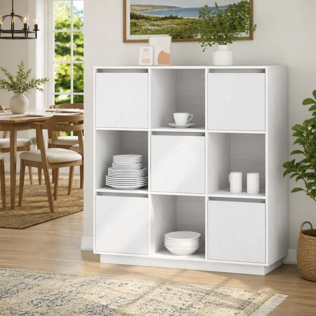 Solid Pine Wood Highboard Cabinet 5-Door Modern Storage White 1105mm Width 350mm Depth 1170mm Height