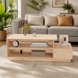 Coffee Table in Solid Pine Wood with Storage Features