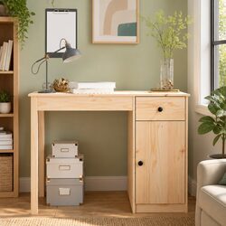 Solid Pine Wood Desk with Drawer and Cabinet Storage