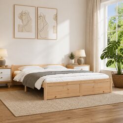 Pine Wood Bed Frame 135x190cm Slatted Base Design in Brown
