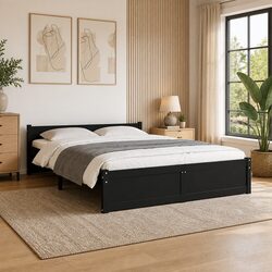 Solid Wood Bed Frame 150x200 cm Black Wooden Bedroom Furniture with Headboard