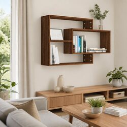 Floating Wall Shelf in Brown Oak with 3 Compartments