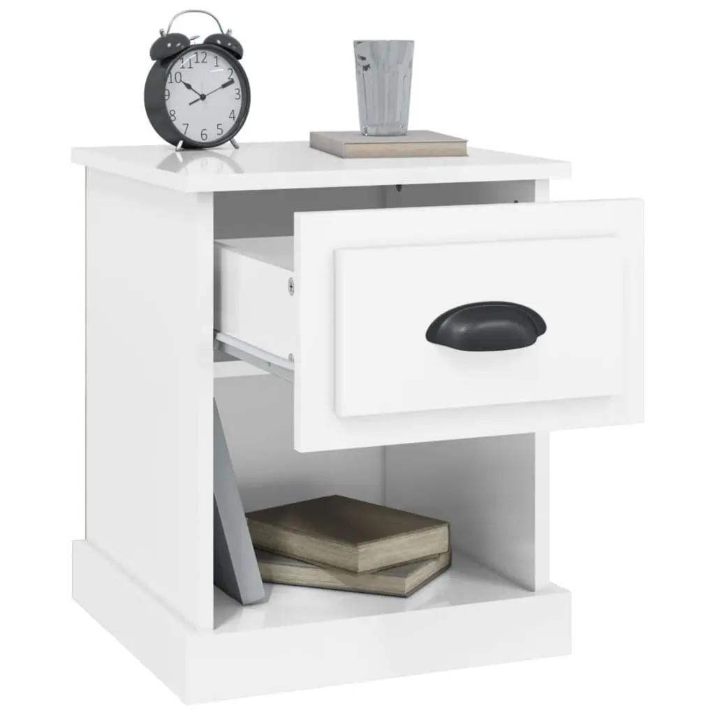 White High Gloss Bedside Cabinets Set of 2 Storage Nightstand with Drawer and Open Compartment