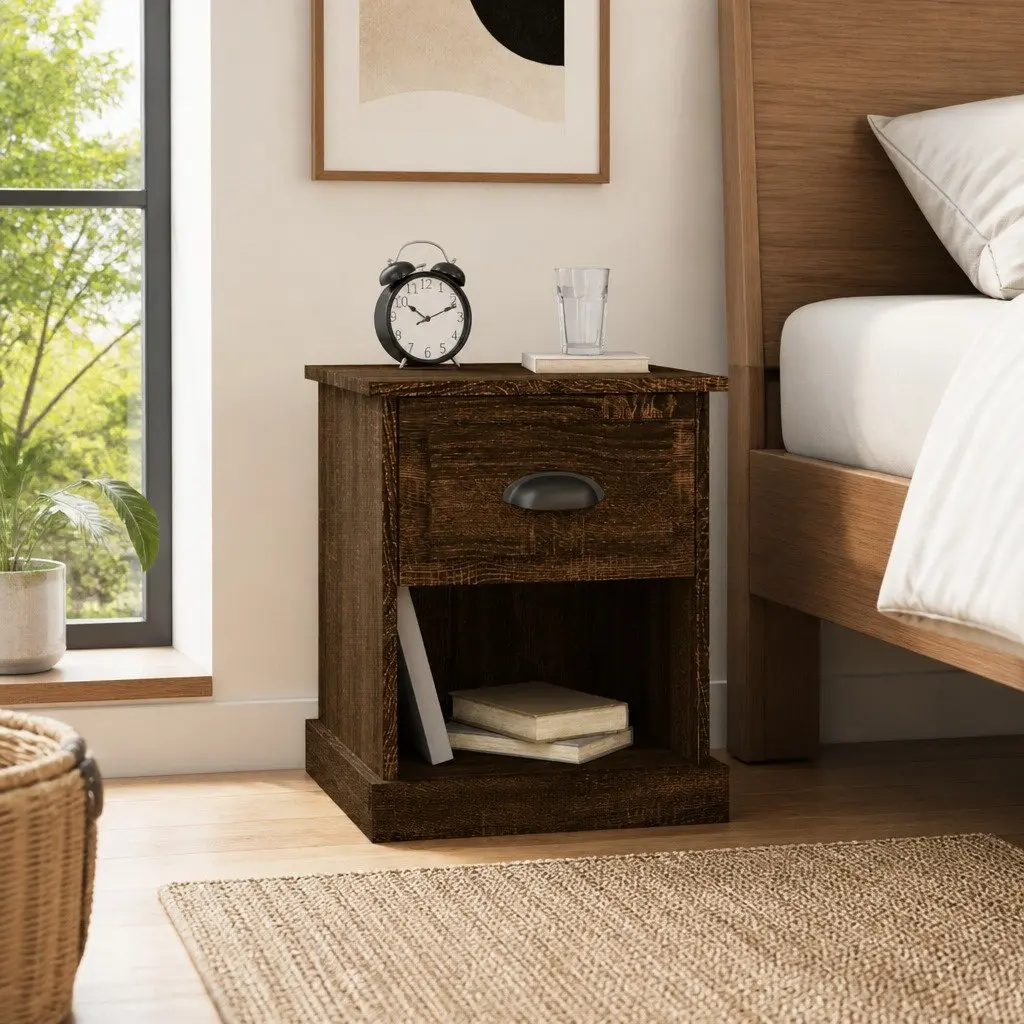 Bedside Tables 2 Piece Engineered Wood Brown Spacious Size 39x39x47.5 cm Nightstand with Drawer and Open Compartment