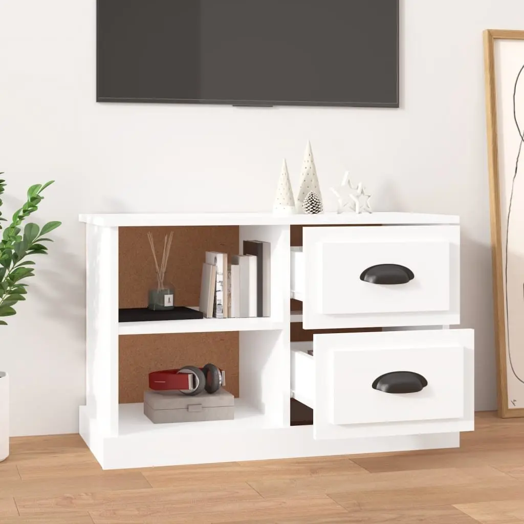 TV Cabinet Engineered Wood White High Gloss Storage Unit 2 Drawers 2 Open Compartments