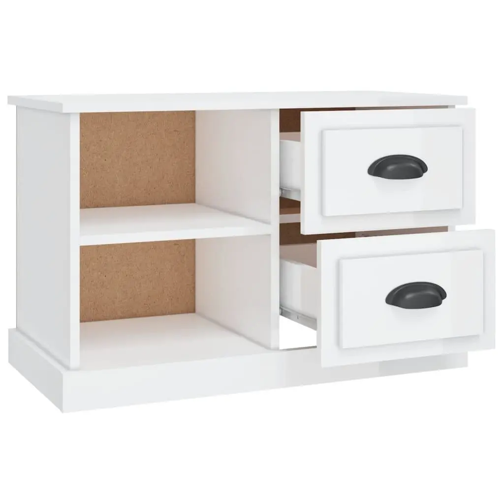 TV Cabinet Engineered Wood White High Gloss Storage Unit 2 Drawers 2 Open Compartments