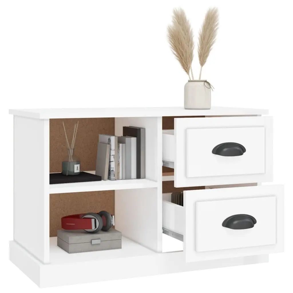 TV Cabinet Engineered Wood White High Gloss Storage Unit 2 Drawers 2 Open Compartments
