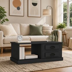 Black Engineered Wood Coffee Table with Drawers