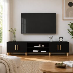 Black 180cm TV Cabinet with 4 Doors and 4 Compartments