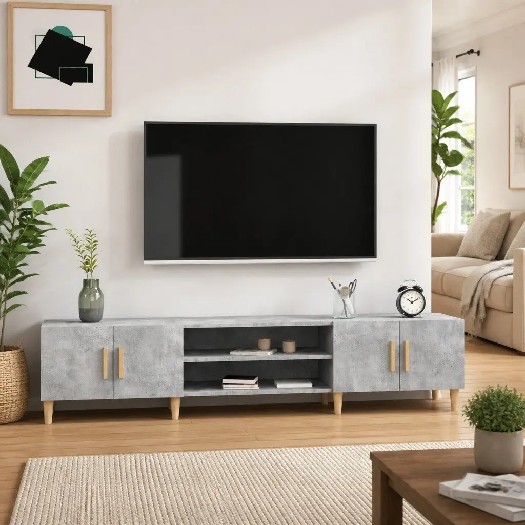 TV Cabinet Grey Engineered Wood Storage Unit 4 Compartments 4 Doors