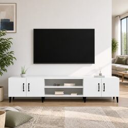 4-Door White TV Cabinet in Engineered Wood with Metal Feet