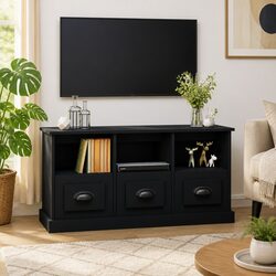 Functional TV Unit in Black Engineered Wood with Drawers