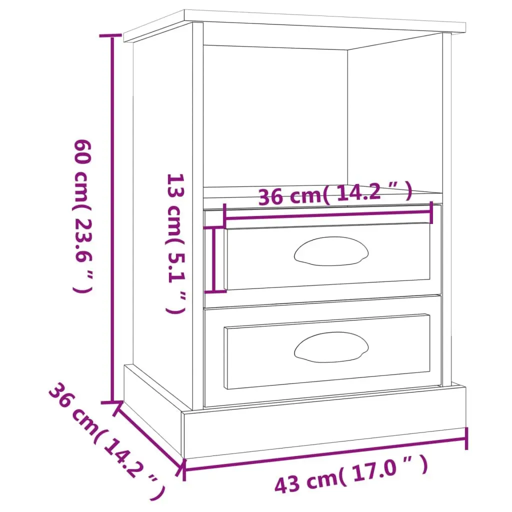 White High Gloss Bedside Table with 2 Drawers and Open Shelf Engineered Wood Storage for Bedroom 43x36x60cm
