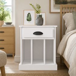 White Bedside Cabinet with Drawer and Open Compartments