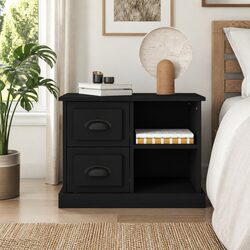 Black Engineered Wood Bedside Cabinet with 2 Storage Drawers