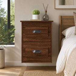 Engineered Wood Wall-mounted Bedside Cabinet 2 Drawer Brown Oak