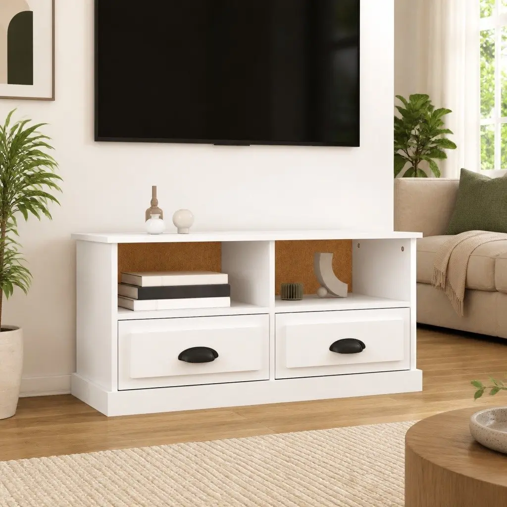 White TV Cabinet Engineered Wood Storage Unit with Open Compartments and Drawers Living Room 93x35.5x45cm