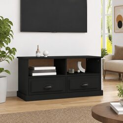 Engineered Wood Black TV Cabinet with Storage Solutions