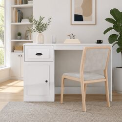 White High Gloss Engineered Wood Desk with Storage