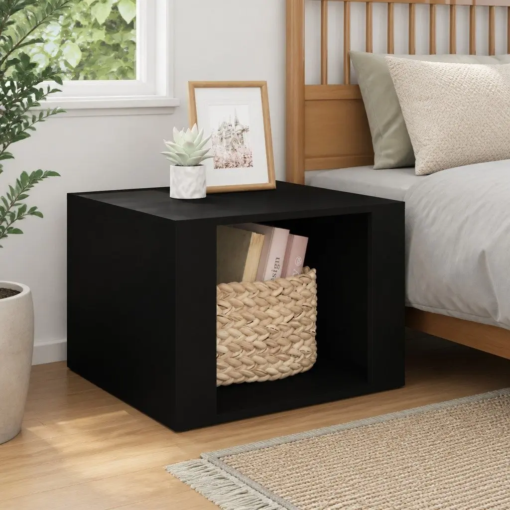 Black Nightstand Engineered Wood Storage Bedside Table 57x55x36cm