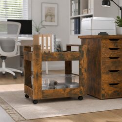 Desk Trolley in Brown Smoked Oak with Two Open Shelves