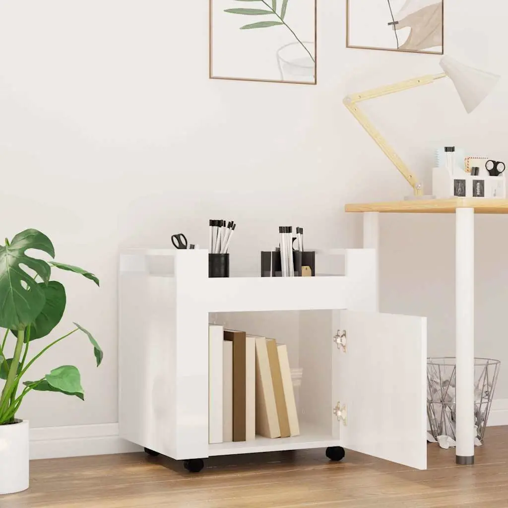 Mobile Storage Cart White Gloss 60x45x60cm with Door and Casters for Office Organization