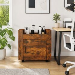 Desk Trolley with Door and Casters in Brown Engineered Wood