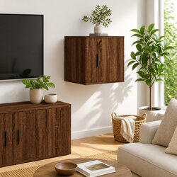 Engineered Wood Wall Mounted TV Cabinet in Brown Oak