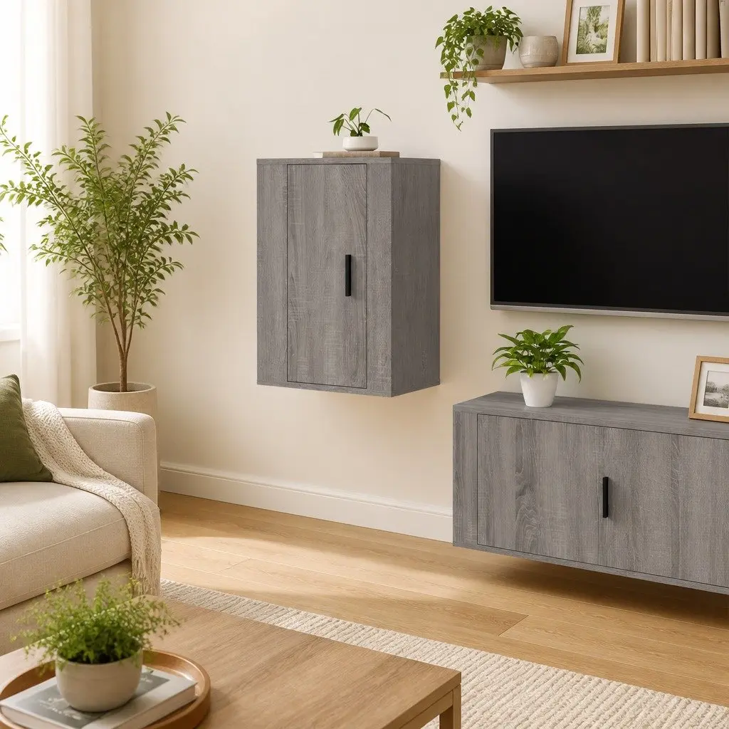 Wall Mounted TV Cabinet Grey Compact Storage Unit Media Display Organiser