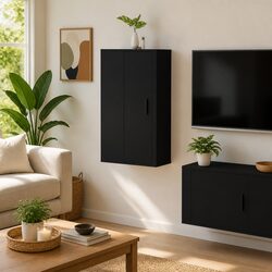 Black Wall Mounted TV Cabinet with 3 Compartments