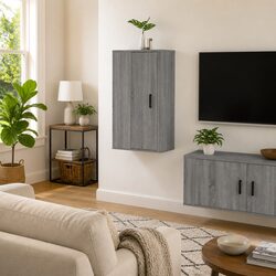 Grey Wall-Mounted TV Cabinet with 3 Compartments