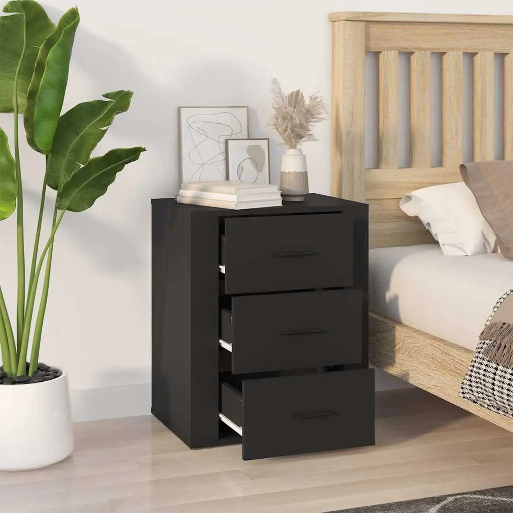 Bedside Cabinet Black 50x36x60 cm Engineered Wood 3 Drawer Storage